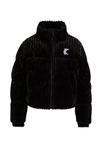 Black puff jacket made of velvet, featuring vertical ribbed texture, high collar, zip closure, and an embroidered logo on the left chest.