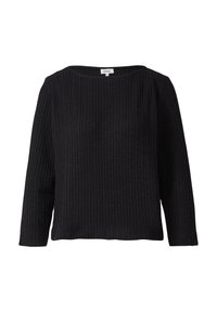 Zwarte pullover met lange mouwen, voorzien van een geribbelde textuur en een brede bootnek. Gemaakt van een zacht materiaal voor comfort.