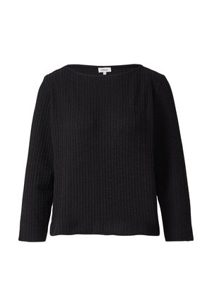Zwarte pullover met lange mouwen, voorzien van een geribbelde textuur en een brede bootnek. Gemaakt van een zacht materiaal voor comfort.