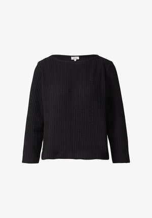 Schwarzer Pullover mit langen Ärmeln, der eine gerippte Struktur und einen weiten Bootsausschnitt aufweist. Aus einem weichen Material für hohen Tragekomfort gefertigt.