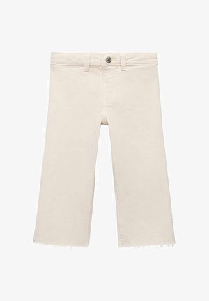 Jean large beige avec un ourlet effiloché, fabriqué en denim de coton doux, avec une fermeture à bouton à l'avant et des passants de ceinture.