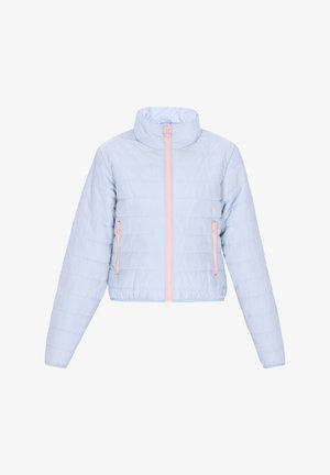 Heledad sinine lühike puhvjakki kõrge kraega. Omab eest tõmblukk, kahte küljetaskut ja kontrastset roosa tõmbluku aktsenti.