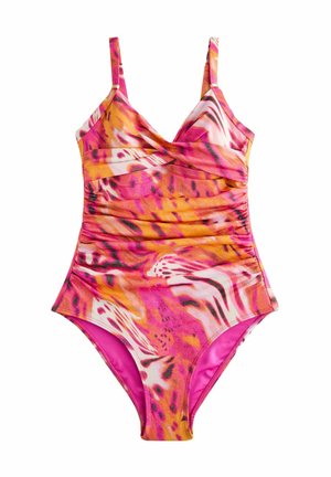Eén stuk zwemkleding in een levendige roze, oranje en witte dierenprint. Kenmerkt zich door draping aan de zijkanten en dunne bandjes. Zachte textuur.
