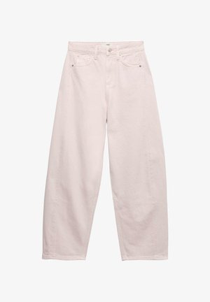 Lyserøde, lyseblå vidde bukser med høj talje i denim, med forlommer og bæltestropper, knap- og lynlåslukning, vist fladt på hvid baggrund.