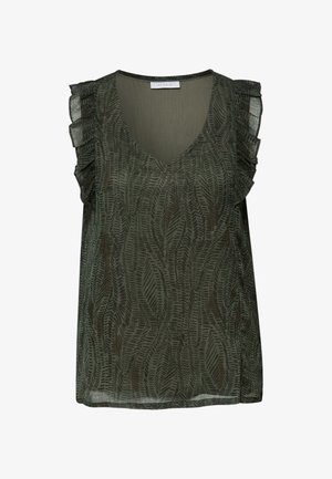 Bezrekawnikowa ciemnozielona bluzka z abstrakcyjnym czarnym wzorem liści, dekoltem w kształcie litery V oraz falbanami na ramionach.