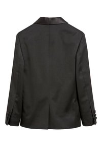 Fekete blazer klasszikus dizájnnal, sima anyagból, selyemgallérral, háromgombos mandzsettákkal és hátsó szellőzőrésszel a szabad mozgás érdekében.