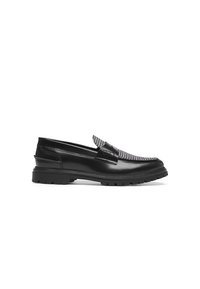 Mustad nahast loafers halli ja musta ruudulise pealmise osaga, millel on madal ja jäme tald ning dekoratiivne rihm.