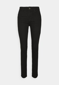 Svarta denim skinny jeans med medelhög midja, femficksdesign och silverfärgad metallknappknäppning. Slät textur, inga synliga mönster.