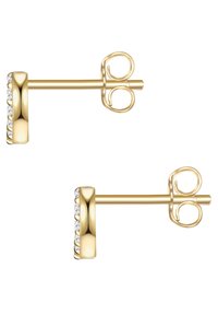 Orecchini a perno in oro con forma arrotondata, caratterizzati da una finitura liscia e una fila di piccoli pietre trasparenti lungo il bordo frontale.