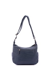 Donkerblauwe leren handtas met een textuur oppervlak, een ritsvak aan de voorkant en een brede schouderband. Zachte, gestructureerde vorm.