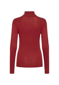 Sarkana garā piedurkne ar augstu apkakli, pieguļoša silueta, ribota tekstūra, bez rakstiem vai dekoratīviem elementiem.