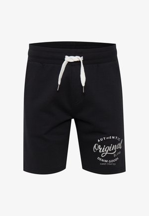 Czarne bawełniane szorty ze sznurkiem w talii i srebrnym nadrukiem z napisem "AUTHENTIC Original Blend Denim Goods Hand Crafted".