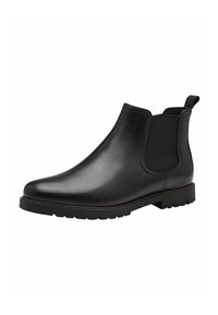 Black leather Chelsea boots with elastic side panels, rounded toe, and textured rubber sole; features a pull tab for easy wear.