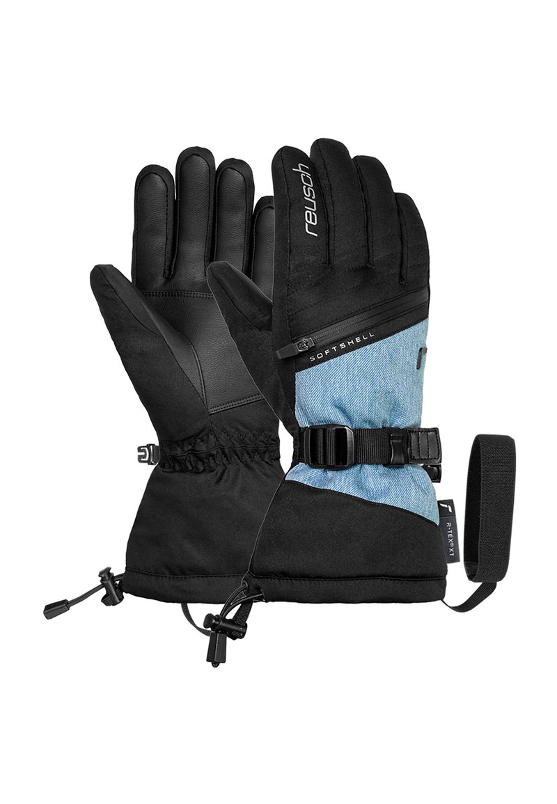 Ein Paar schwarze und blaue Winterhandschuhe mit verstellbaren Handgelenkriemen, Zipper-Tasche und Stoff-Handgelenksschlaufe für den Einsatz im Freien.