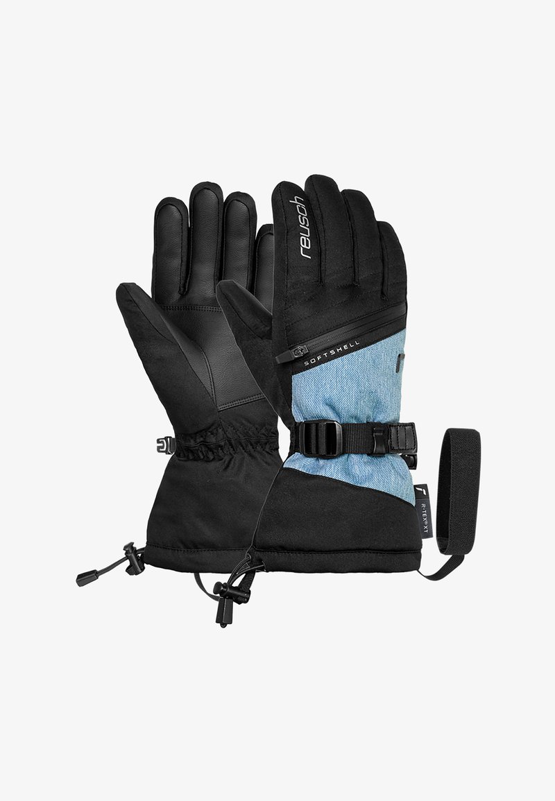 Ein Paar schwarze und blaue Winterhandschuhe mit verstellbaren Handgelenkriemen, Zipper-Tasche und Stoff-Handgelenksschlaufe für den Einsatz im Freien.