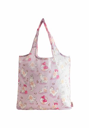 Reusable tote bag in lavender fabric with a cat pattern. Features double handles, a soft texture, and playful illustrated details.