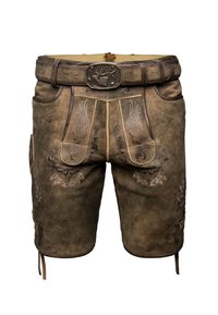 Braune Lederhosen mit aufwendiger Stickerei, einem Gürtel mit dekorativer Schnalle und Seitentaschen. Strukturierte Oberfläche mit verstellbaren Bändern.