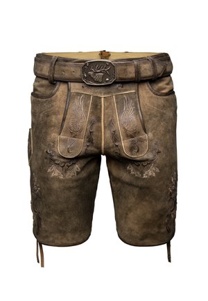 Braune Lederhosen mit aufwendiger Stickerei, einem Gürtel mit dekorativer Schnalle und Seitentaschen. Strukturierte Oberfläche mit verstellbaren Bändern.