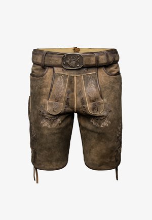 Braune Lederhosen mit aufwendiger Stickerei, einem Gürtel mit dekorativer Schnalle und Seitentaschen. Strukturierte Oberfläche mit verstellbaren Bändern.