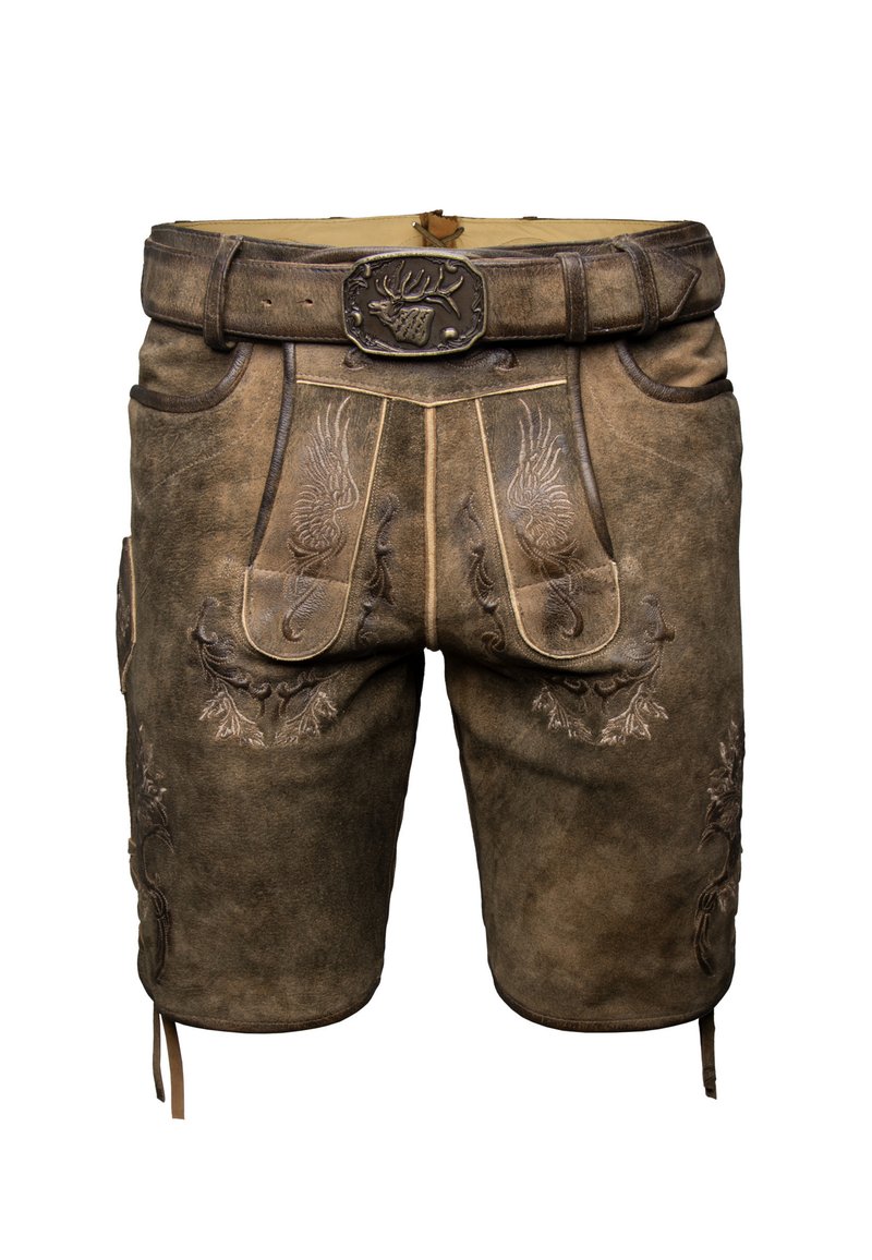 Braune Lederhosen mit aufwendiger Stickerei, einem Gürtel mit dekorativer Schnalle und Seitentaschen. Strukturierte Oberfläche mit verstellbaren Bändern.