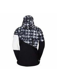 Kapuzejacke mit einem geometrischen Schwarz-Weiß-Muster, kontrastierenden weißen Ärmeln und einem glatten schwarzen unteren Abschnitt. Verstellbare Kapuze ist enthalten.