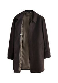 Ciemnobrązowy płaszcz z mieszanki wełny, z klapami, bocznymi kieszeniami i jasnym, wzorzystym podszyciem. Posiada zapięcie na jeden guzik.