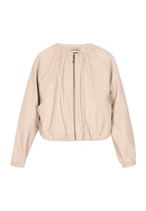 Jachetă bej croptă din piele moale, având guler strâns, fermoar frontal și manșete elastice pentru o potrivire lejeră.