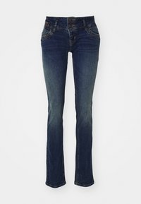 Tmavě modré džíny z denimu se střihem rovného nohavic, vybavené dvojitým zapínáním, pěti kapsami a mírným vyblednutím pro texturu.