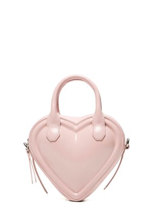 Borsa a forma di cuore color rosa chiaro con due manici e cerniere laterali, realizzata in pelle liscia.
