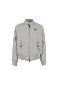 Giacca bomber grigia chiara con colletto alto, zip frontale, due tasche anteriori e polsini elasticizzati. Presenta cuciture sottili e accenti in metallo nero.