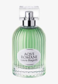 Grüner Glasparfümflakon mit vertikaler Rippentextur, silberner Kappe und einem runden Etikett, das "Aqve Romane Laura Biagiotti" zeigt.