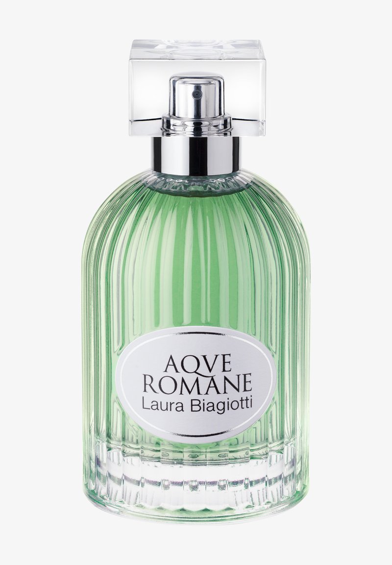 Grüner Glasparfümflakon mit vertikaler Rippentextur, silberner Kappe und einem runden Etikett, das "Aqve Romane Laura Biagiotti" zeigt.