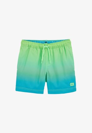 Vyriški maudymosi šortai su gradientiniu raštu nuo ryškiai žalios iki mėlynos spalvos, elastinga juosmens juosta su raišteliu ir šonine logotipo etikete.