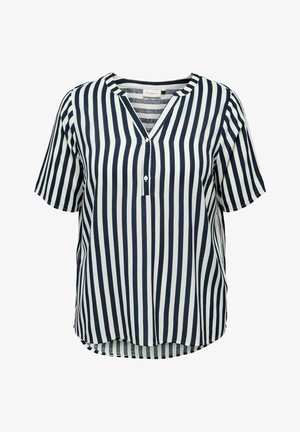 Marineblau-weiß gestreifte kurzärmlige Bluse mit V-Ausschnitt und Knopfdetail an der Brust. Leichter Stoff mit lockerem Schnitt.