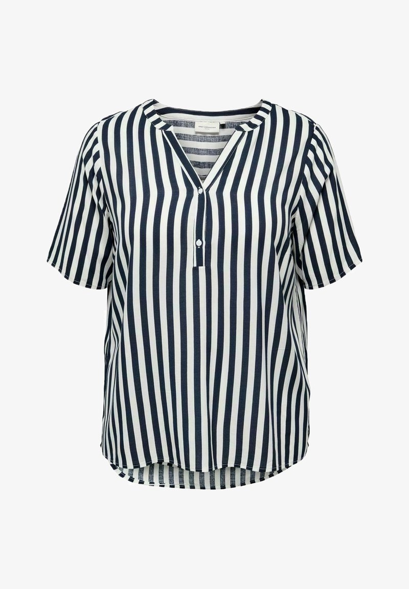 Blouse à manches courtes rayée bleu marine et blanc avec un col en V et un détail de bouton au niveau de la poitrine. Tissu léger avec une coupe décontractée.