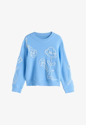 Light blue, long-sleeve sweater with a textured fabric. Features white floral embroidery along the sleeves and front for detail.