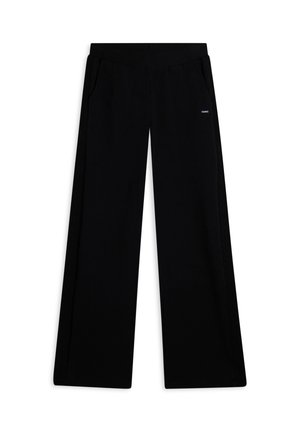 Pantaloni neri a gamba larga realizzati in morbido tessuto, dotati di un elastico in vita, tasche laterali e un sottile dettaglio con logo nella parte frontale.
