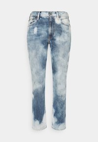 Světle modré džíny s vybledlým, cloudovým vzorem. Vyrobeny z denimu, s knoflíkovým a zipovým zapínáním, pěti kapsami a rovnými nohavicemi.