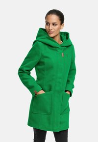 Green, hooded coat made of wool blend with front pockets and hidden closure; features a button accent and textured fabric.