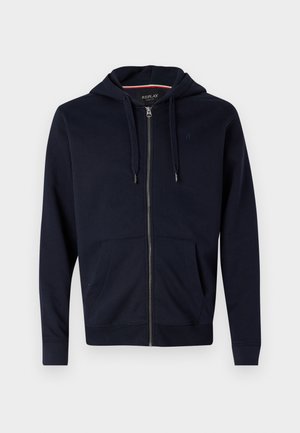 Navy Zip-Hoodie aus Baumwollmischung, mit einer Kapuze mit Kordelzug, zwei Fronttaschen und Rippbündchen an Ärmeln und Saum. Kleines Logo-Detail auf der Brust.
