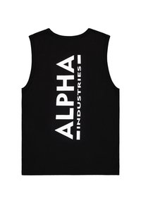 Μαύρο αμάνικο πουκάμισο με έντονο κάθετο λευκό κείμενο "ALPHA INDUSTRIES!" τυπωμένο στην πλάτη.