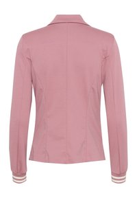 Veste rose à coupe ajustée, dotée d'un col, de manches longues et d'accents rayés sur les poignets. Texture lisse et lignes épurées.
