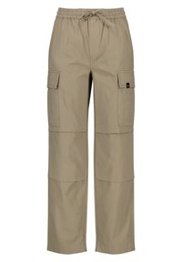 Beżowe spodnie cargo wykonane z lekkiego materiału, z elastycznym pasem ze sznurkiem, dwiema bocznymi kieszeniami oraz luźnym krojem prostych nóg.