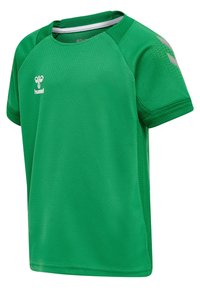 Groene sporttrui met korte mouwen van mesh stof. Heeft een ronde halslijn, contrasterende afwerking en een logo op de voorkant.