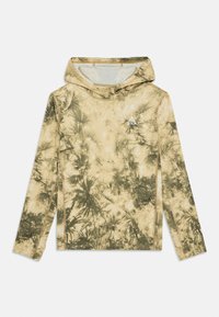 Maglietta a maniche lunghe con cappuccio beige con un motivo a foglie di palma verde scuro. Realizzata in tessuto leggero con una trama liscia. Presenta un logo sul petto.