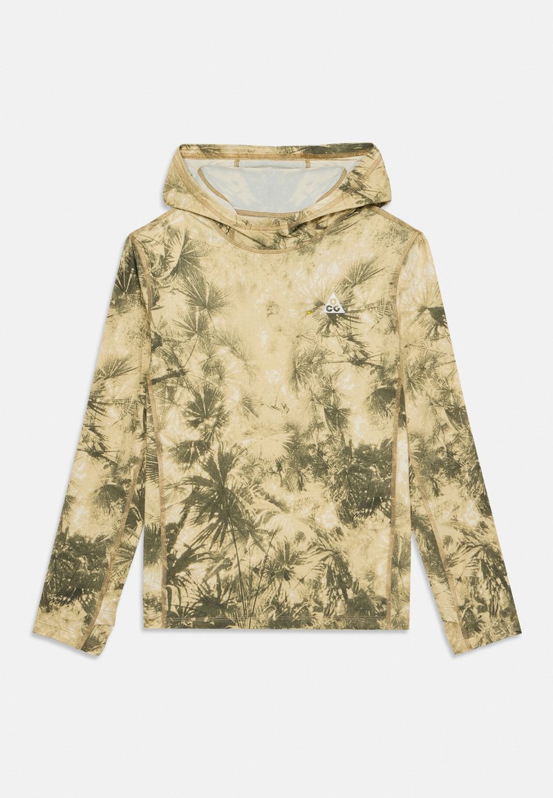 Beige dlhý rukáv s kapucňou a tmavozeleným vzorom palmovej listy. Vyrobený z ľahkého materiálu s hladkou textúrou. Obsahuje logo na hrudi.