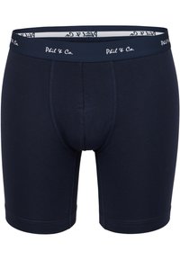 Marinblå bomull-boxer med stretchtyg, elastiskt midjeband med "Phil & Co."-logotyp och kontrasterande sömnadsdetaljer.