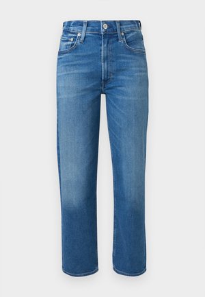 Kék egyenes szárú farmer gombos és cipzáras záródással, elülső és aprópénztartó zsebekkel, valamint enyhe kopással a combokon és a térdeken.