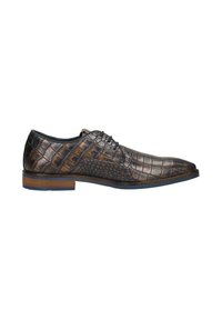 Bruine leren schoenen met een krokodillenleren textuur, met een ronde neus, vetersluiting en een houten hak.