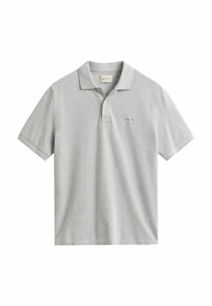 Hellgraues Kurzarm-Poloshirt mit Kragen, Zwei-Knopf-Leiste und dezentem, links auf der Brust gesticktem Logo.